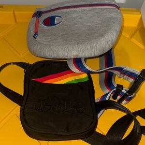 Champion Gray Crossbody Bag with Blue and Red Strap. Also, a black Gola